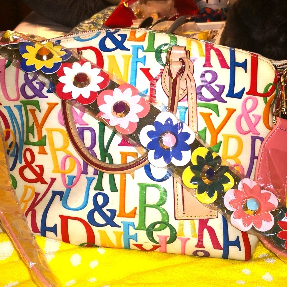 Dooney Monogram bag, rainbow & strap